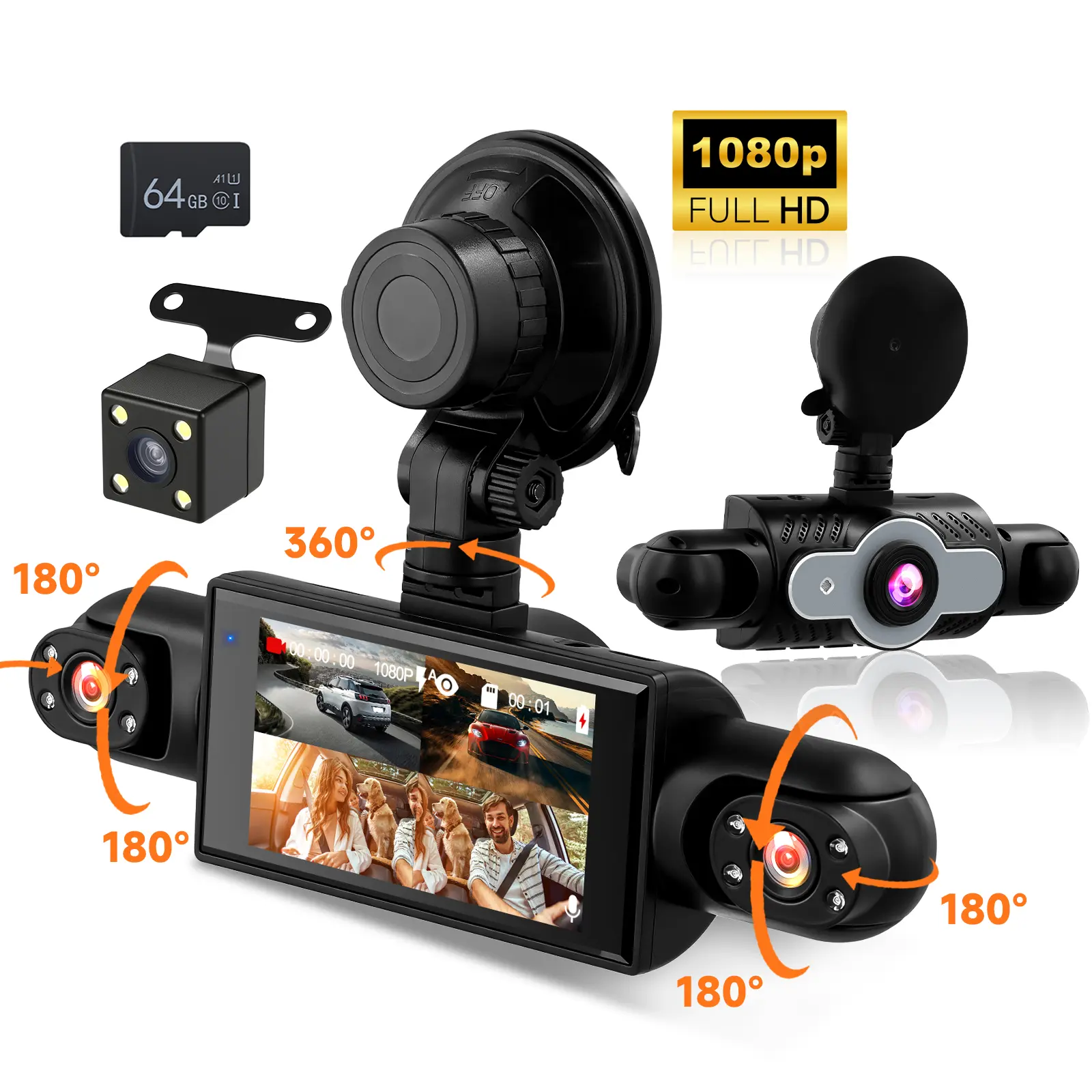Car Interior Dashcam, Car Accessory, 4-Channels Full HD 1080P Driving Recorder with 3-Inch IPS Screen, Dual Lenses, Wide Angle, 8 IR Night Vision, 360-Degree Comprehensive Coverage, 1-Count (Father's Day Gift)