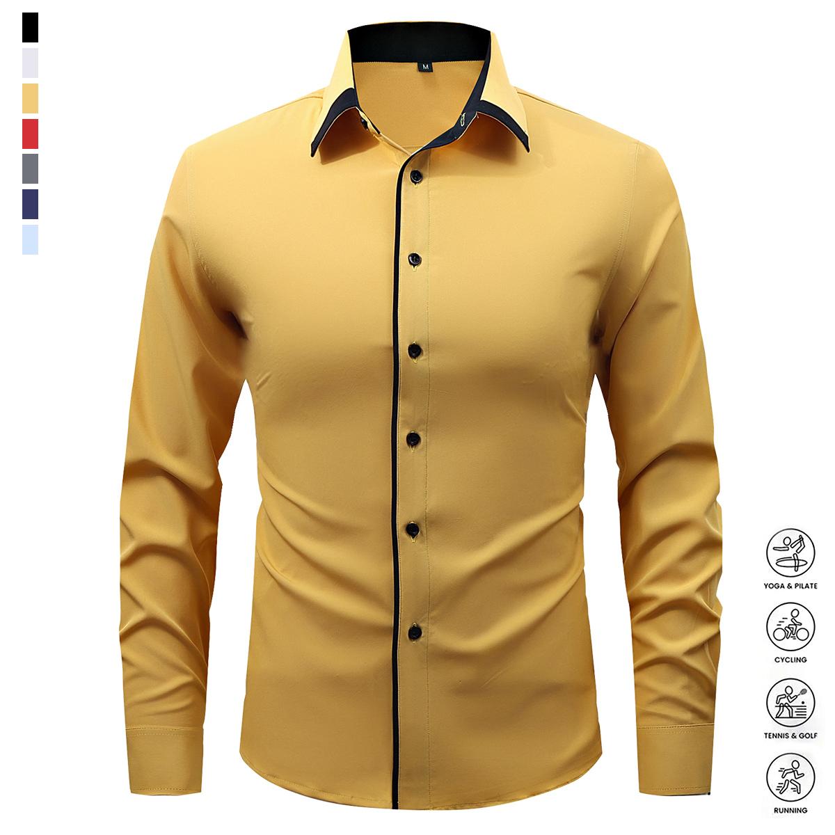 Men's Fashion Spring and Autumn Dress Light Business Long Sleeve Shirt Classic Double-breasted Elastic Contrasting Color Comfortable Breathable Sweat Top Men's Clothing