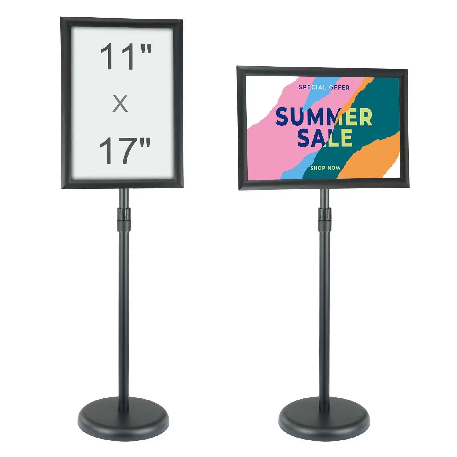 VEVOR Heavy-Duty Black Aluminum Pedestal Sign Holder, 11x17 in Rotatable Frame with Vertical-Horizontal/Height Adjustment, Locking Mechanism, Round Stable Base, Menu Compatibility, Weather-Ready PVC Protection, 0.8L Capacity for Office Use, Protection Aga