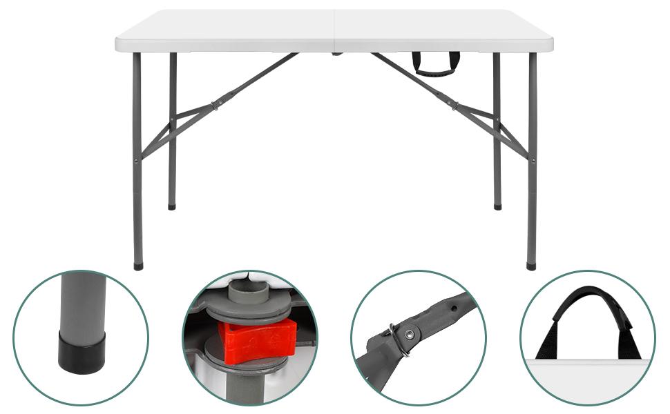 4FT FOLDING TABLE, PLASTIC FOLD IN HALF TABLE WITH LOCK AND HANDLE - WHITE
