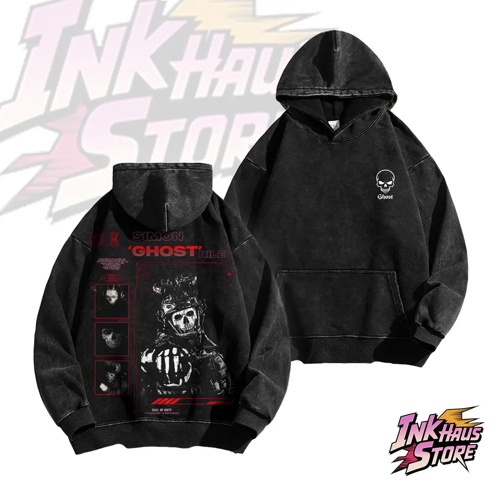 Superstyle Acid wash hoodie Simon "Ghost" Riley Skull Mask Warrior COD: Modern Warfare II Edition Long Sleeve Cotton Unisex Vintage Gym fit man retro fashion