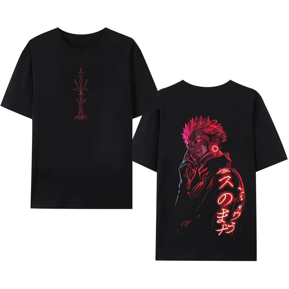 Ryomen Sukuna Jujutsu Kaisen Unisex Thick Heavy Cotton Oversized Washed Shortsleeve T-Shirt, Neon Red Double-Sided Big Bold Graphic Shirt, Anime Collector Essential
