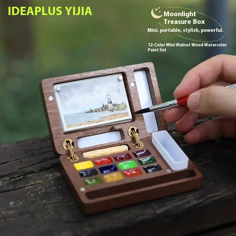 IDEAPLUS Moonlight Box 12 Color Mini Walnut Watercolor Set, Comes with Sketching Travel Notebook and Artist Color Palette, Christmas Gift, Gift to Object, Birthday Gift, Halloween Gift, Essential for School Travel