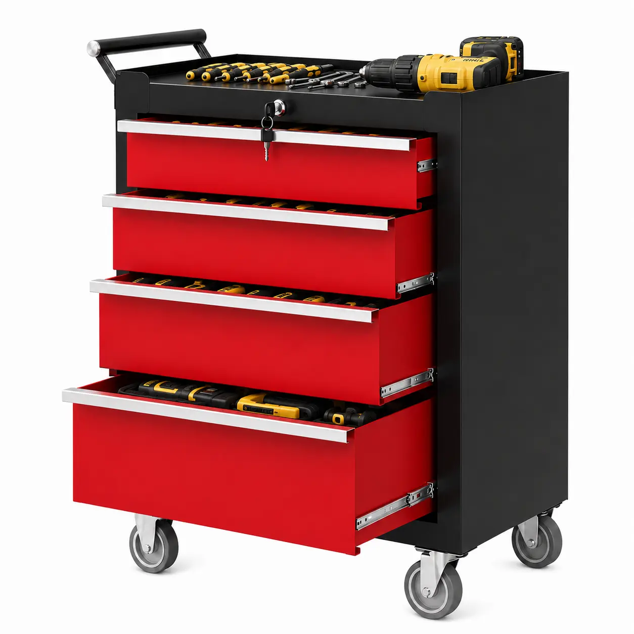 Garvee Heavy Duty Rolling Tool Chest with 4 or 5 Drawers, Mobile Steel Tool Storage Cabinet Organizer with Secure Locking System & Smooth Sliders, 300 lbs Capacity Toolbox Cart with Side Handle & 360° Mute Wheels for Garage, Workshop, and Repair Shop