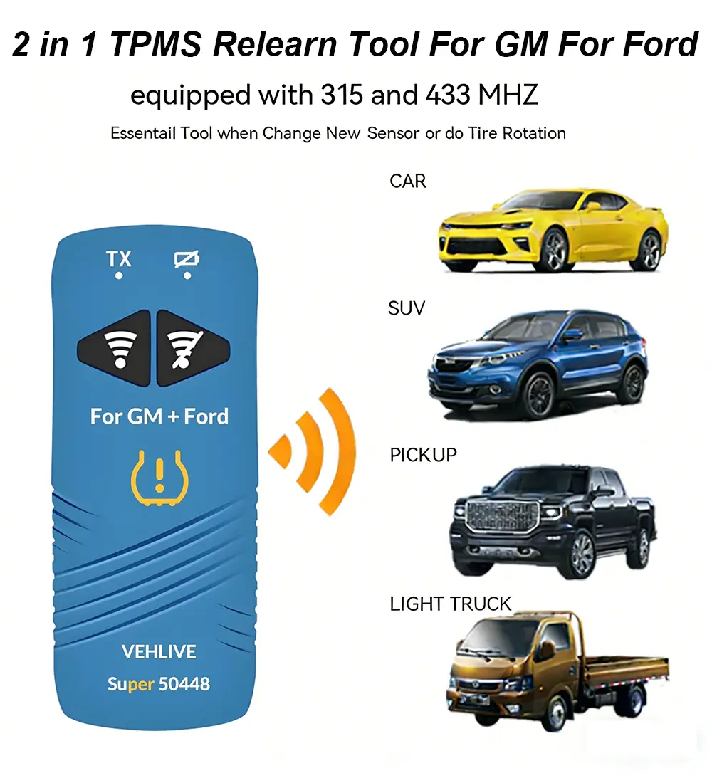 TPMS Reset Tool w/Battery for GM and Ford Series Vehicles 2IN1 Super-50448 Tire Sensor Reset Tool EL50448+EL50449 Tpms Relearn Tool for Chevrolet GMC Buick Cadillac Hummer Ford Lincoln Mercury