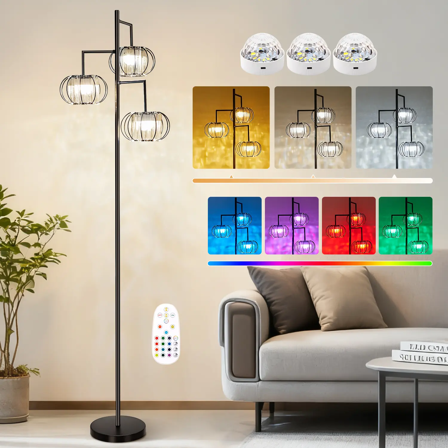 Modern Crystal RGB Floor Lamp - Dimmable LED Multicolor Mood Light, Cordless Rechargeable Bulb, Remote Control, Floor Lamp Decor, Free-Standing Specialty & Decorative Lighting, Modern Crystal Style Upgrades Decor for Living Room, Bedroom, Lamps, Batteries
