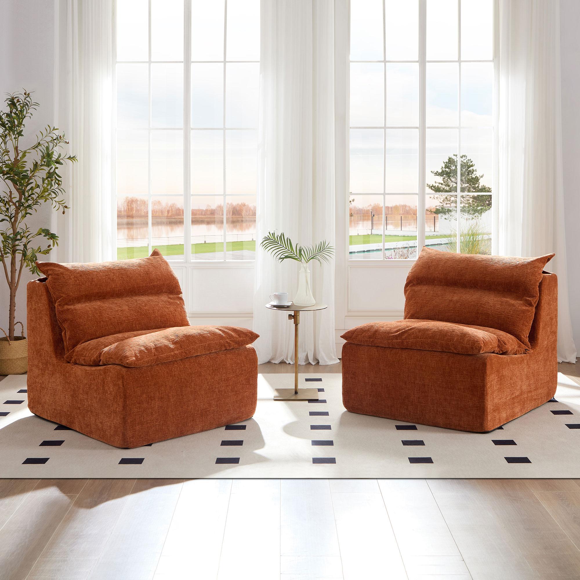 Niccae Single sofa chair/lounge chair with backrest, fully collapsible, suitable for living room and bedroom, made of polyester fiber, available in orange, beige, and green.