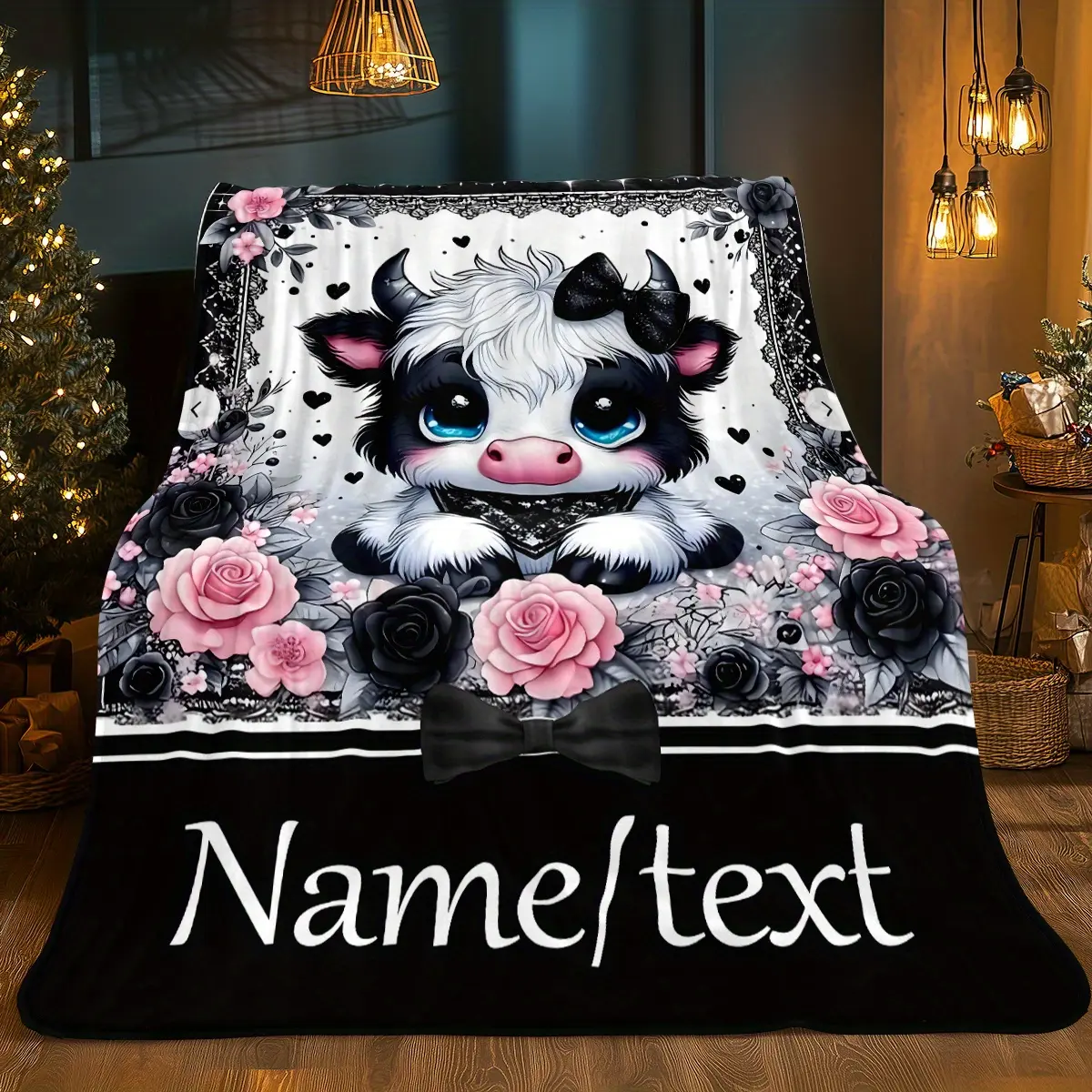 Customized Personalized Full Print Cartoon Cow Flannel Throw Blanket - 40 – 56 In, Soft, Warm, Lightweight, Wrinkle Resistant, Durable, Foldable, Quick-Dry, Pink Roses Floral Patterns - Family Home Decor for Couch/Bed - Ideal All-Seasons Gift