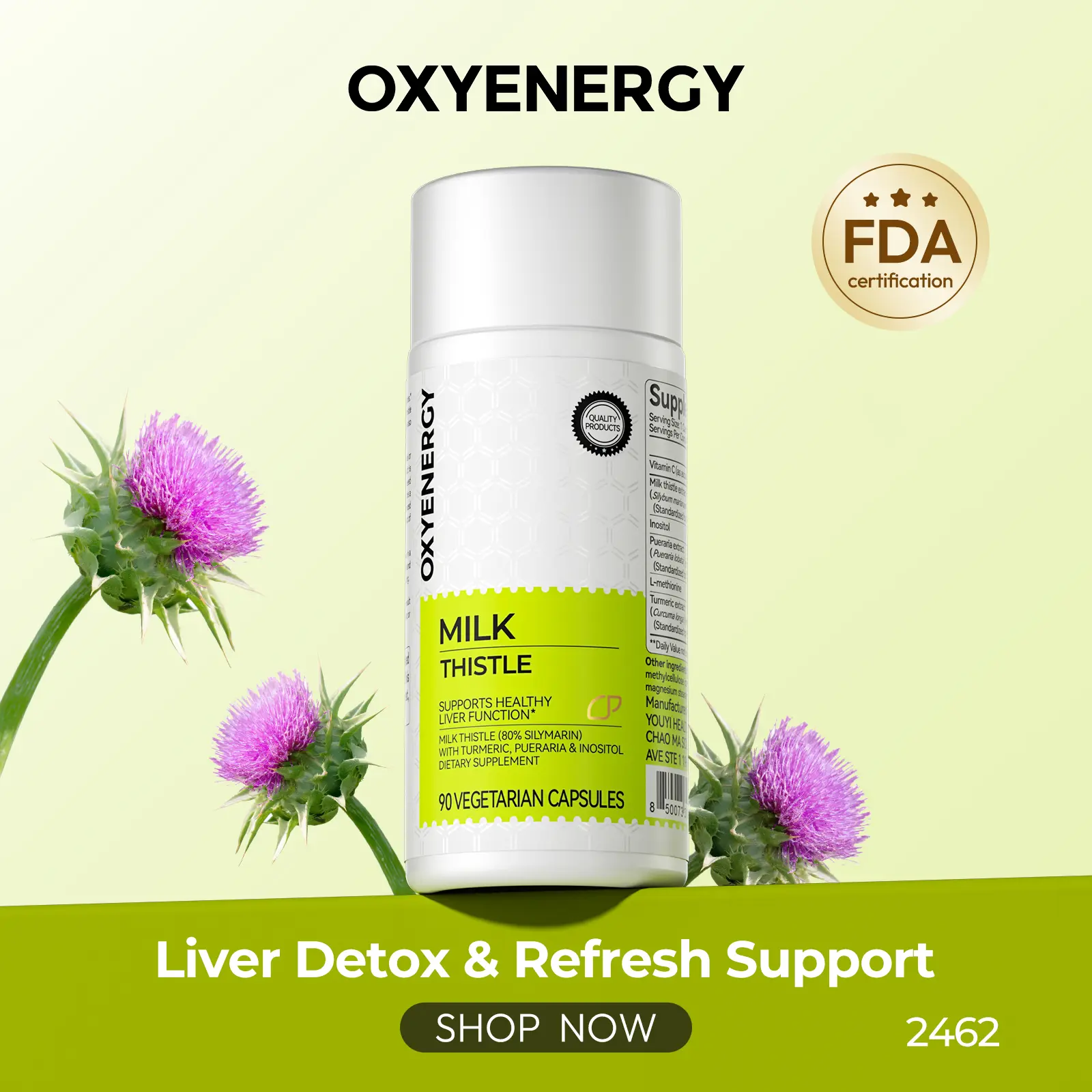 Oxyenergy Milk Thistle Dietary Herbal Supplement Capsules, 90-Count Detox Supplements for Liver Health Support with Colon Cleanse, Kudzu Root, Turmeric, Inositol, Methionine, Vitamin C & Silymarin,summerwins,travel essentials