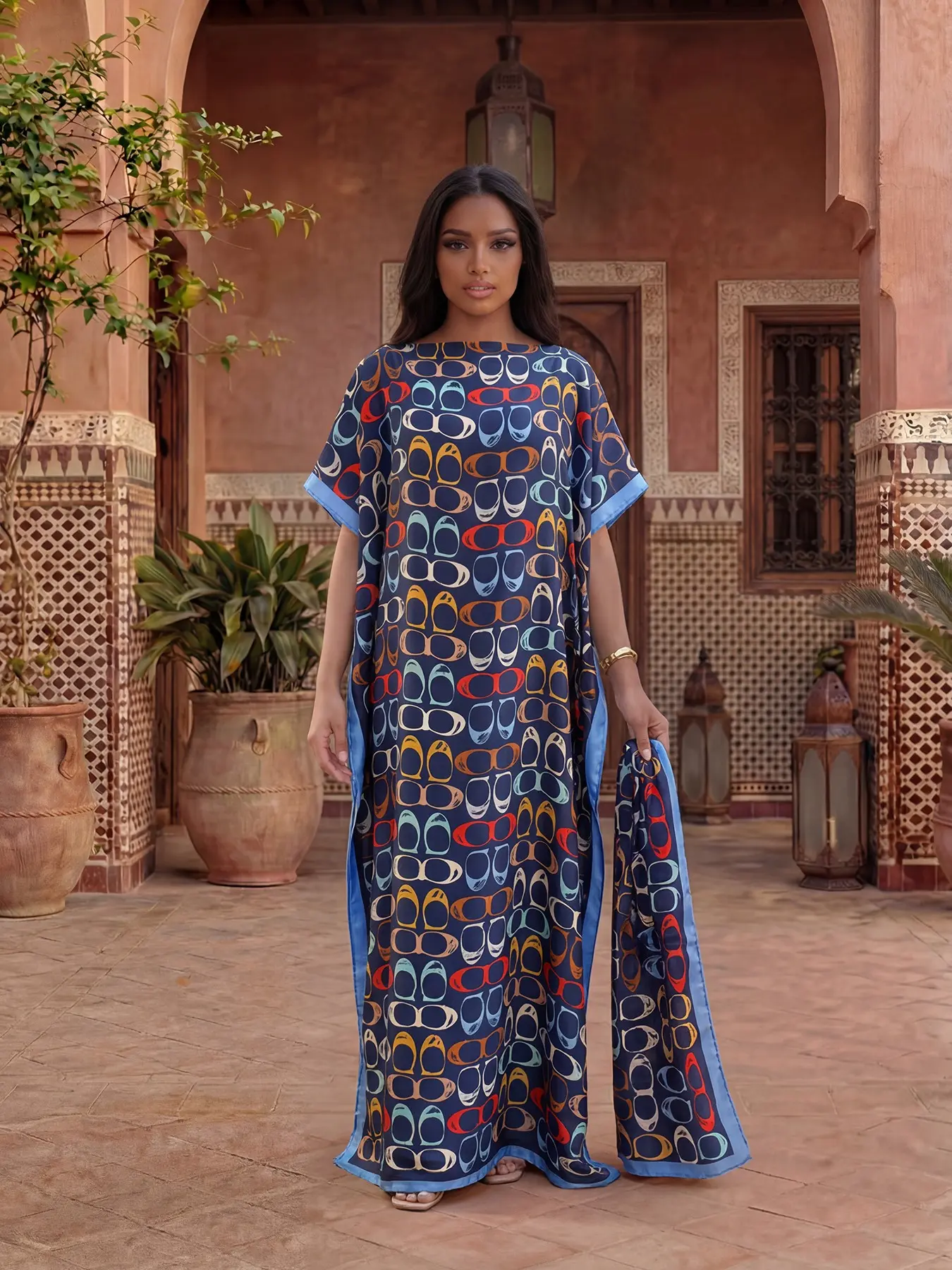 Women's Geometric Print Robe Set, Matching, Loose Fit Design, Elegant Style, Chic, Perfect for All Seasons, Versatile Scarf Included
