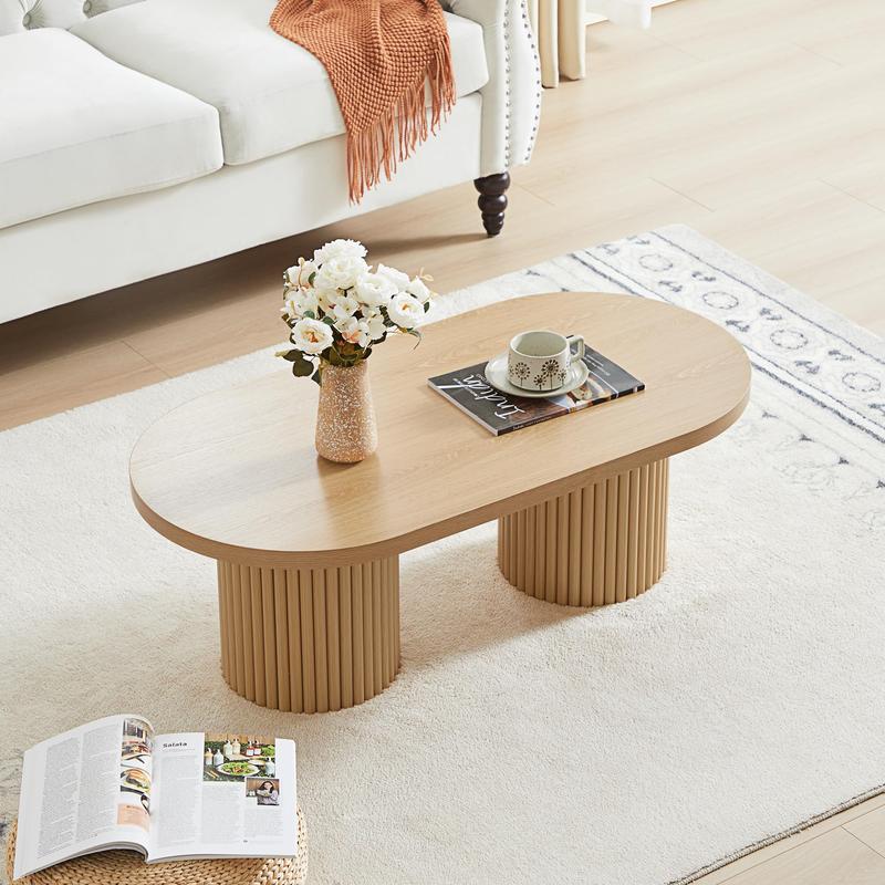 Giratree 39.38" Fluted Oval Coffee Table for Living Room, Boho Modern Coffee Table with Fluted Legs, Curved Round Wood Center Table for Home, Small Spaces, Office