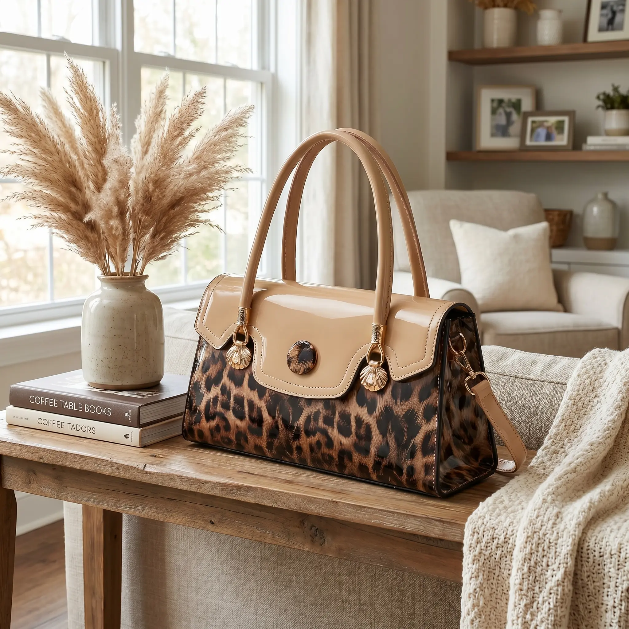 Retro Leopard Print Handbag, Women's Patent Leather Bowling Bag with Double Handles and Tassel, Convertible Crossbody Sling Bag, Handbag Sling Bag