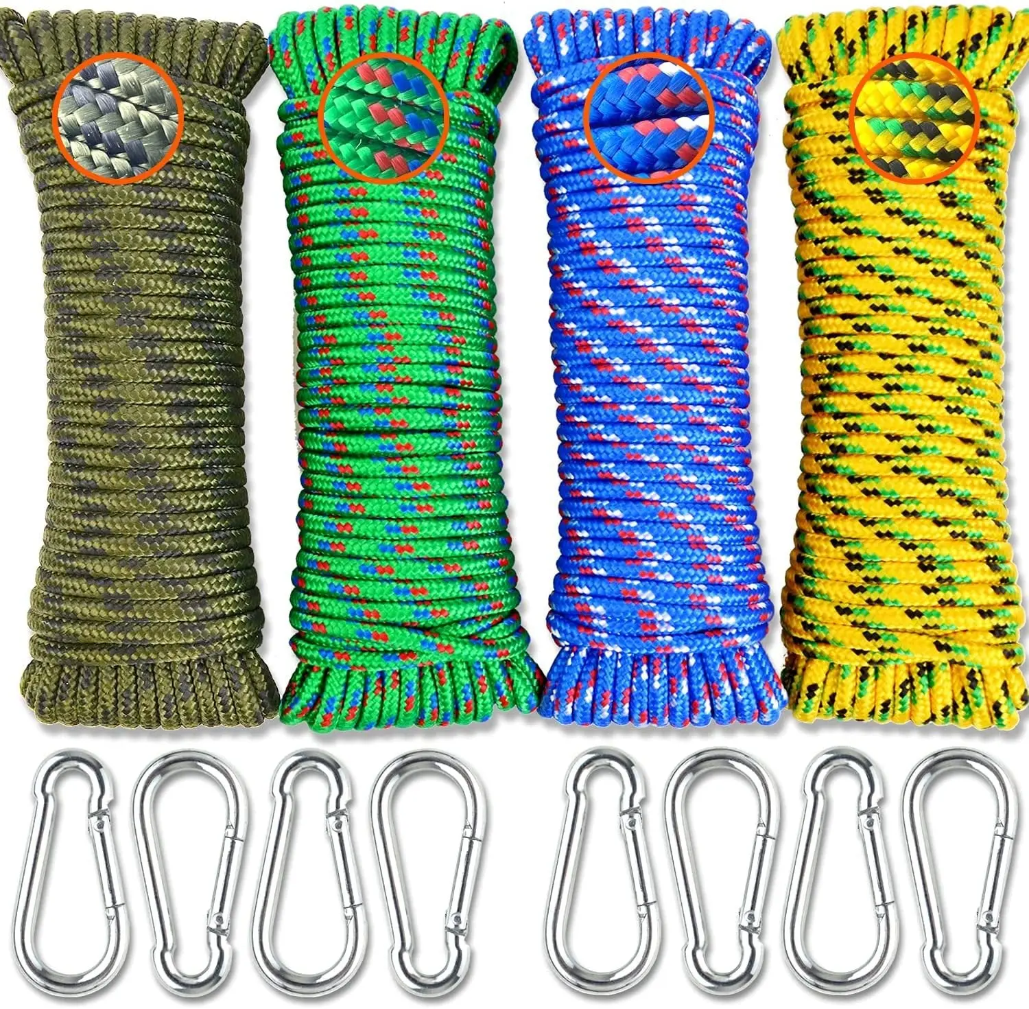 WELLMAX Diamond Braided Polypropylene Rope, 4-Pack 3/16 Multi-Color Utility Cord (3/16 in x 50 ft) - UV, Weather, Water-Resistant Mooring Lines for Crafters, Docking, DIY Crafts, Sailing, 3/16 Inch X 50Ft