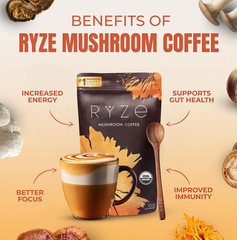 2 Pack RYZE Mushroom Coffee USDA Organic with 6 Adaptogenic Mushrooms and MCT Oil CD, USA Grown Instant Coffee for Better Energy, Focus,Digestion, lmmunity with Turkey Tail, Shiitake,Lion's Mane, 30 Servings 2 Pack RYZE Mushroom Coffee USDA Organic with 6 Adaptogenic Mushrooms and MCT Oil CD, USA Grown Instant Coffee for Better Energy, Focus,Digestion, lmmunity with Turkey Tail, Shiitake,Lion's Mane, 30 Servings