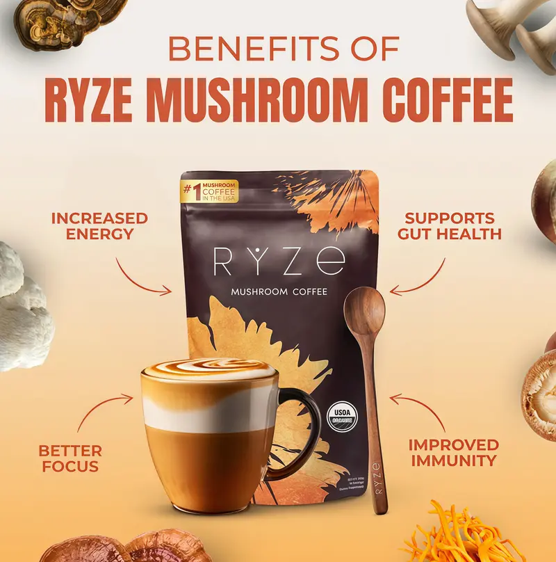 Ryze Organic Mushroom Coffee – 2-Pack – USDA Organic Medium Roast Instant Coffee – Exp 2027