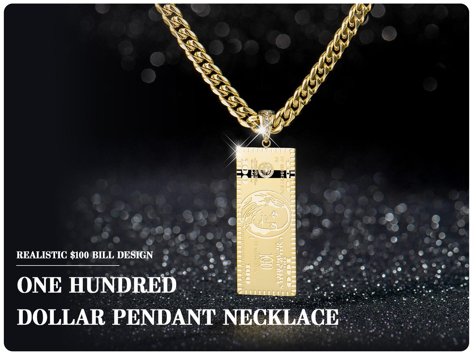 Holylegend 14K Real Gold-Plated Dollar Pendant Necklace, Double-Sided Mini Money Design with Iced Connector, 24" Cuban Chain, Hip Hop Jewelry Gift for Streetwear Lovers
