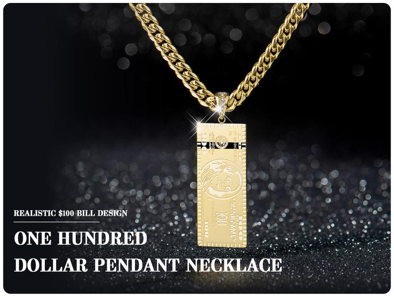 Holylegend 14K Real Gold-Plated Dollar Pendant Necklace, Double-Sided Mini Money Design with Iced Connector, 24" Cuban Chain, Hip Hop Jewelry Gift for Streetwear Lovers