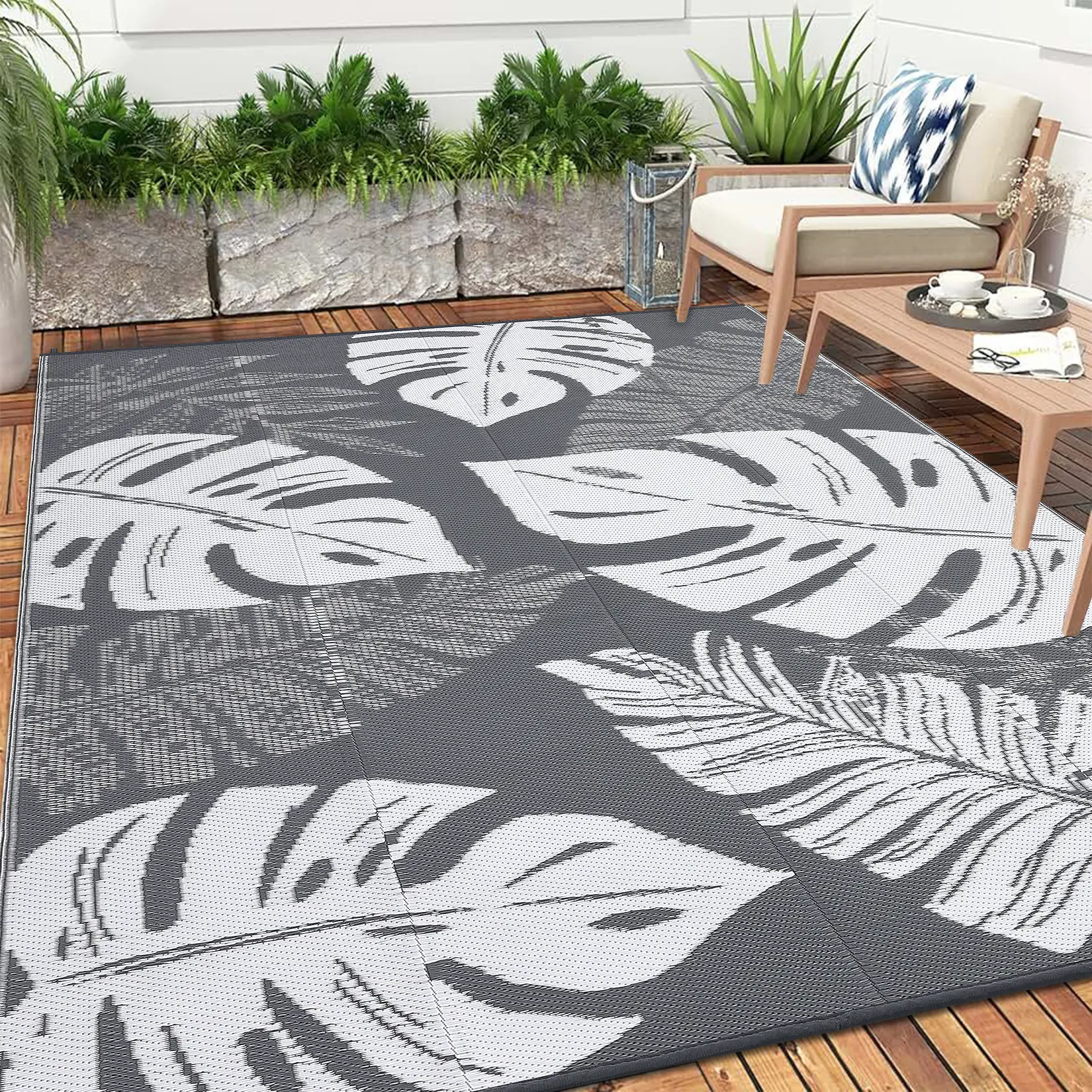 Leaf Print Outdoor Rug Double-Sided Reversible Plastic Straw Woven Rug Foldable Garden Decoration Rug Large Size Washable Outdoor Rug for Terrace Beach RV Picnic Balcony Patio