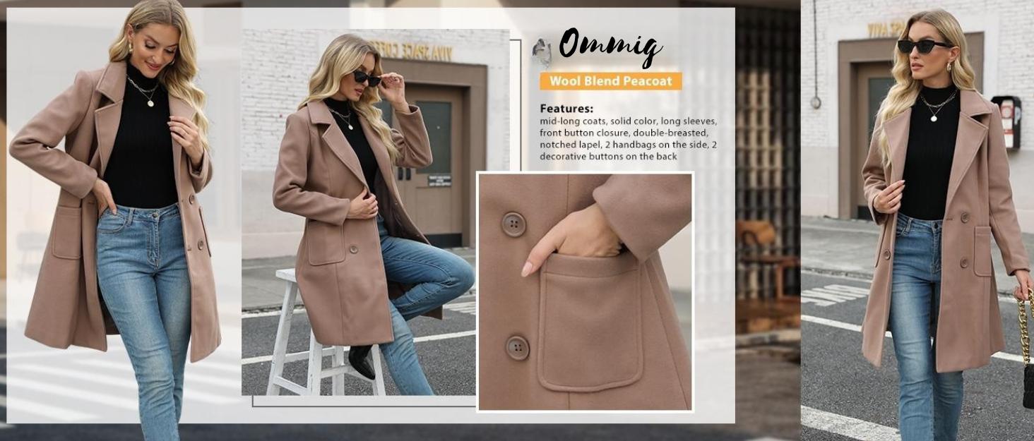 Ommig Women Winter Wool Blend Camel Mid-Long Coat Notch Double-Breasted Lapel Jacket Outwear Ommig Women Winter Wool Blend Camel Mid-Long Coat Notch Double-Breasted Lapel Jacket Outwear