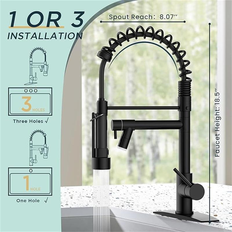 FORIOUS Commercial Spring Kitchen Faucet with Dual Heads & LED Stainless Steel Pull Down Sprayer Standard Aerator 360° Swivel Matte Black