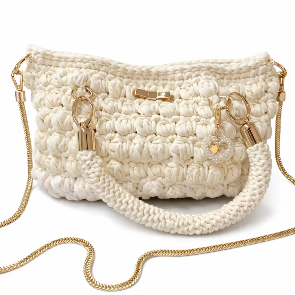 Women's Handmade Crochet Handbag Shoulder Purse - Chic Gold Chain Shoulder Bag, Elegant Structured Design for Day to Evening, Made to Order