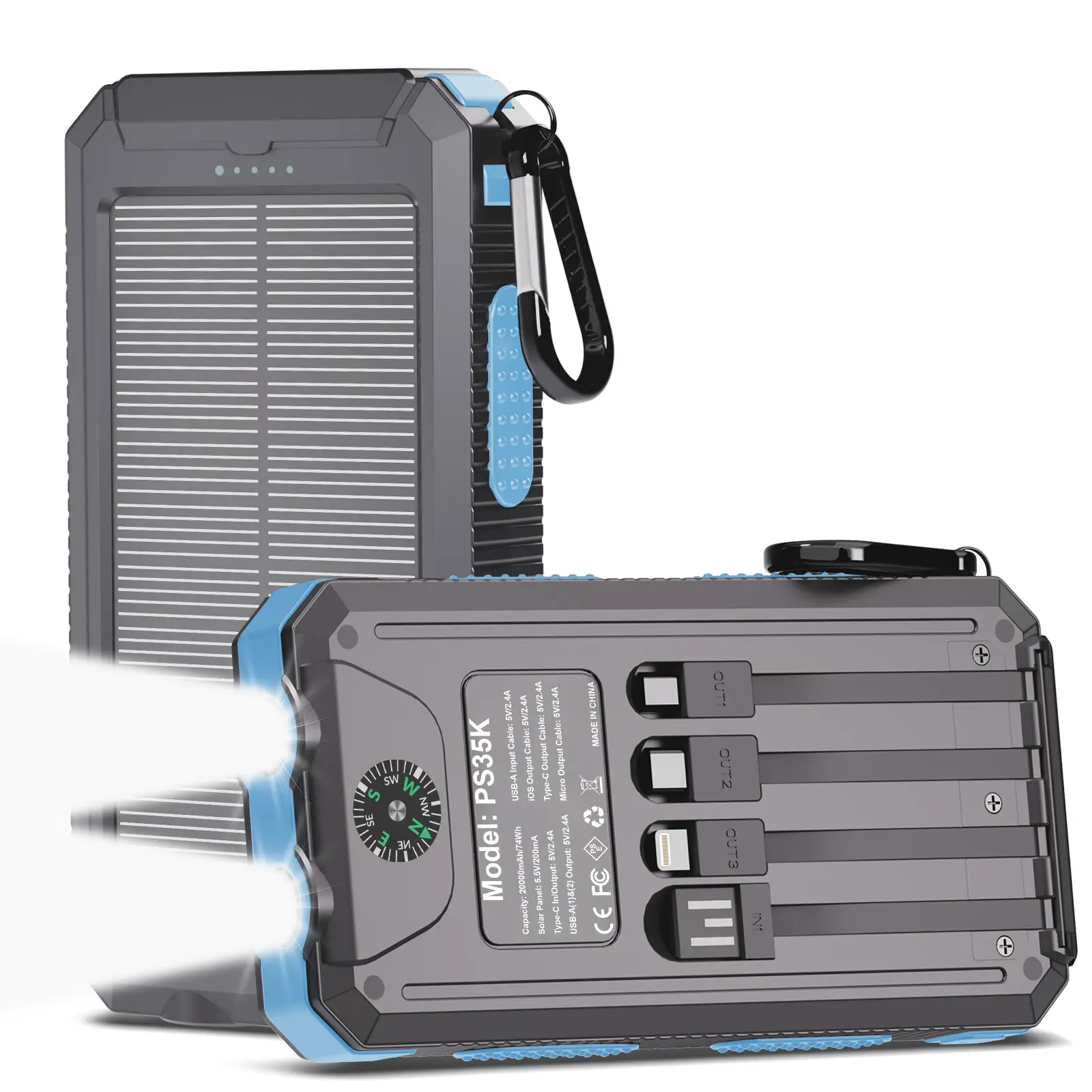 Solar Charger Power Bank 20000mAh, Portable Charger, 4 Cables 3 Ports Fast Charging External Battery Pack with USB C for Cell Phones, Solar Panel Charger with Dual Flashlight for Camping power bank power bank charger battery power bank Waterproof Compass