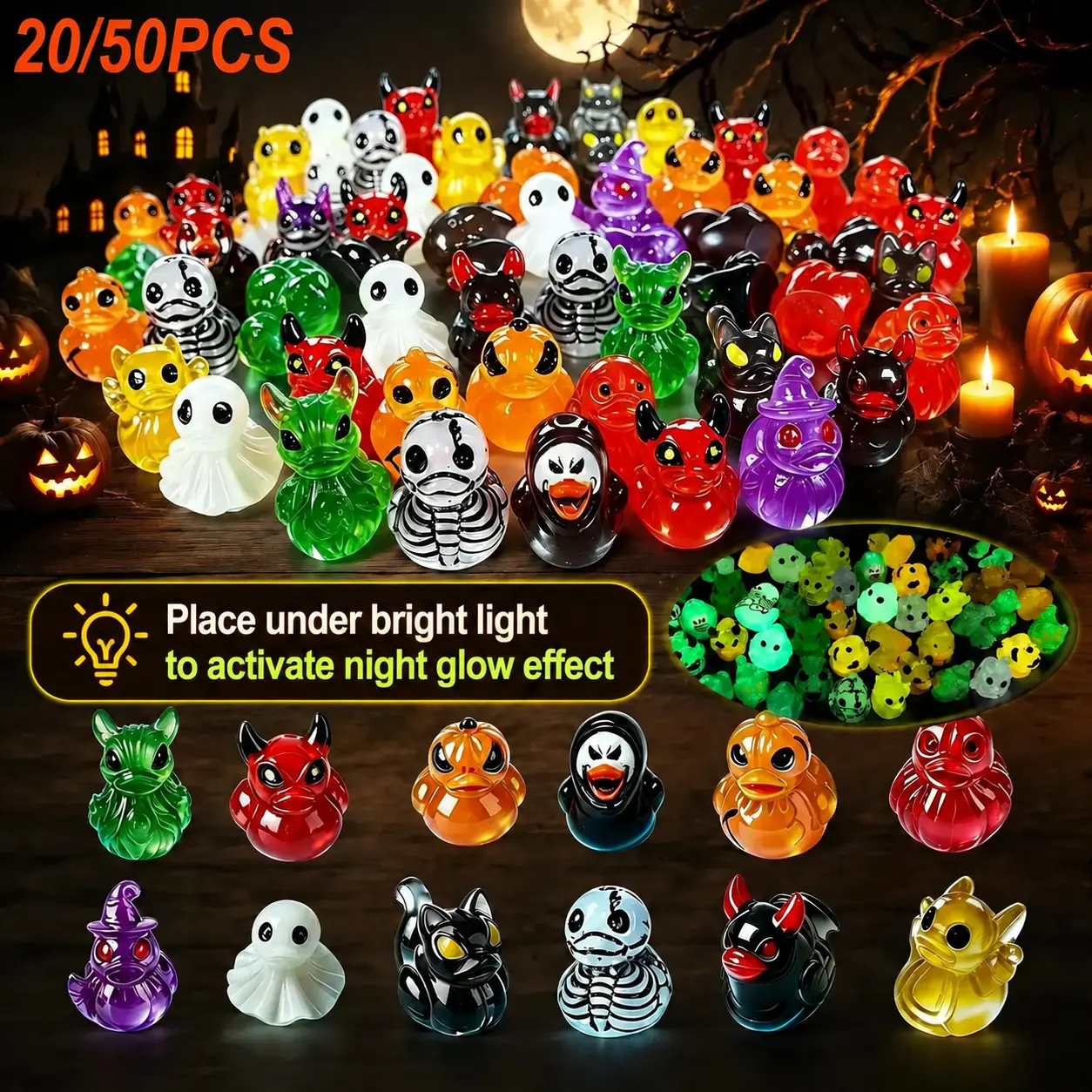 Glow-In-The-Dark Mini Halloween Duck（Devil, Ghost, and Skeleton Designs), Cute Resin Figurine, Spooky Duck Statue, Haunting Desk Decor, Miniature Garden Ornament for Halloween Party Favors