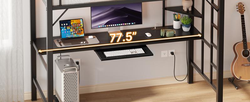 Gizoon Loft Bed Twin Size with Desk & LED Lights Heavy Duty Metal Frame Storage Shelves No Box Spring Needed Brown lead rgb light