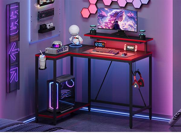 Pinmoco 42" Reversible L-Shaped Gaming Desk with Monitor Stand LED Lights & Headset Hooks for Home Office