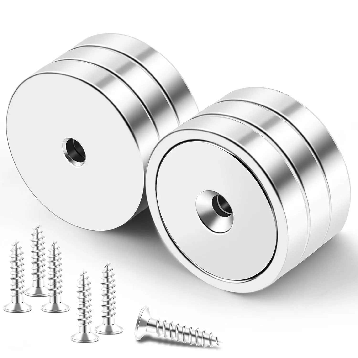 Strong Magnets, 50lb+ Waterproof Strong Neodymium Cup Magnets with Screws for Wall Mounting,Rare Earth Magnet with Holes for Holding Tools Lifting, Hanging(Silver, 6 Pack)