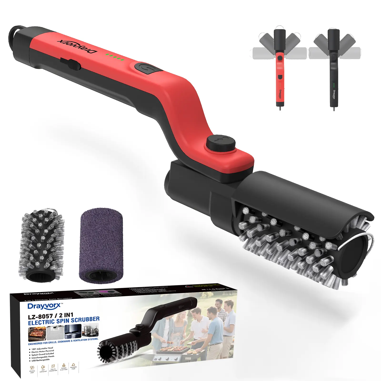 【DealsForYouDays】Drayvorx Black Rechargeable Cordless Electric Grill Brush - ABS Housing, 3 Power Speeds, 180° Adjustable Handle, Stainless Steel Scraper, Professional BBQ Cleaner Utensils for Kitchen, Gas/Charcoal Grills Beginners