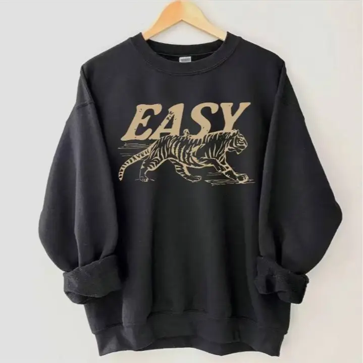 Vintage Easy Tiger Sweatshirt, Vintage Animal Graphic Tiger Tee, Unisex Boho Aesthetic Sweater, Soft Retro Style Top Pullover- Cotton Black Matching