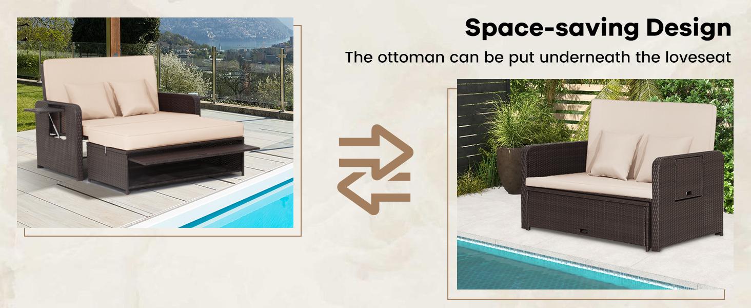 COSTWAY Wicker Patio Outdoor Daybed, Outdoor Chaise Lounger w/ 4-Level Adjustable Backrest, Retractable Side Trays, Storage Ottoman, Comfortable & Removable Cushions, Rattan Loveseat- COSTST