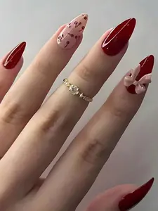 24pcs Long Almond Shaped Press-On Nails, Cherry Bow Red Artificial Nail Stickers, Includes 1pc Jelly Gel And 1pc Nail File, Suitable For Women And Girls For Holiday, Party, Casual Daily Use, Removable And Reusable