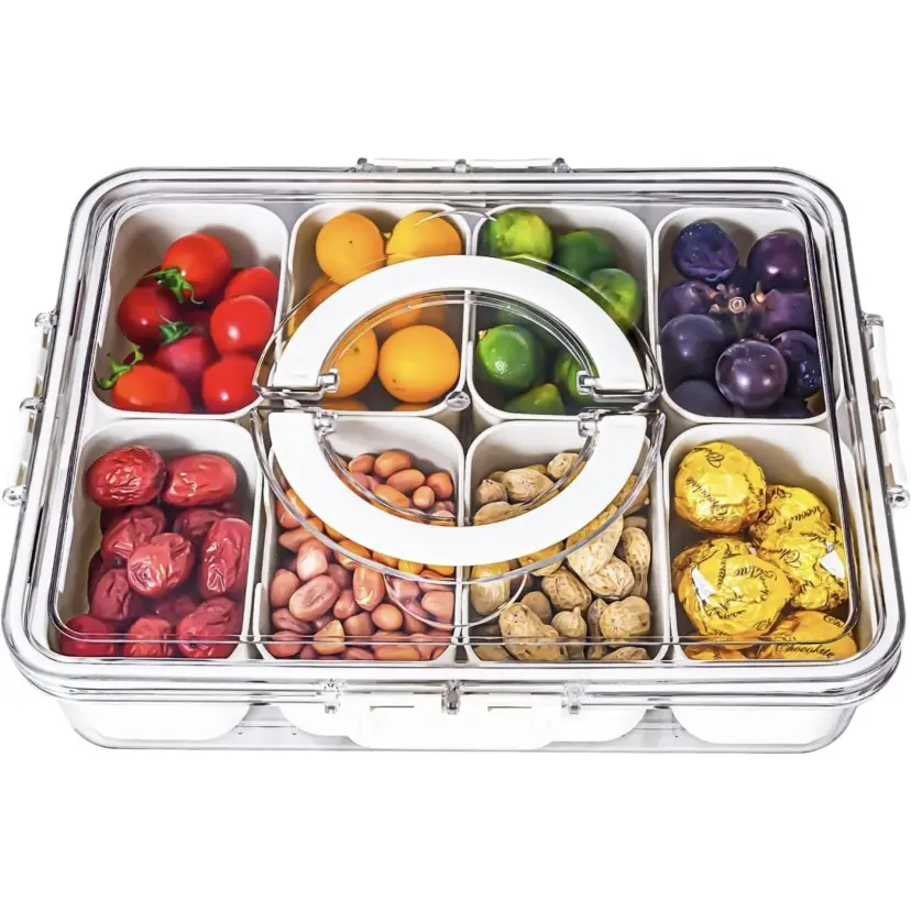 Dingerjar Divided Serving Tray with Lid and Handle - Snackle Box Charcuterie Container for Portable Snack Platters - Clear Organizer for Candy, Fruits, Nuts, Snacks - Perfect for Party, Entertaining Leakproof Bento Box Food Storage Set