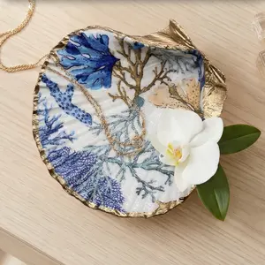 Hand-Painted Gold Scallop Shell Ring Dish, Coastal Coral Jewelry Holder