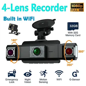 1080P car dashcam with 180° rotatable and adjustable lens, four-channel recording, providing front, rear, left, and right viewing angles, full HD video recording, and super night vision capabilities.