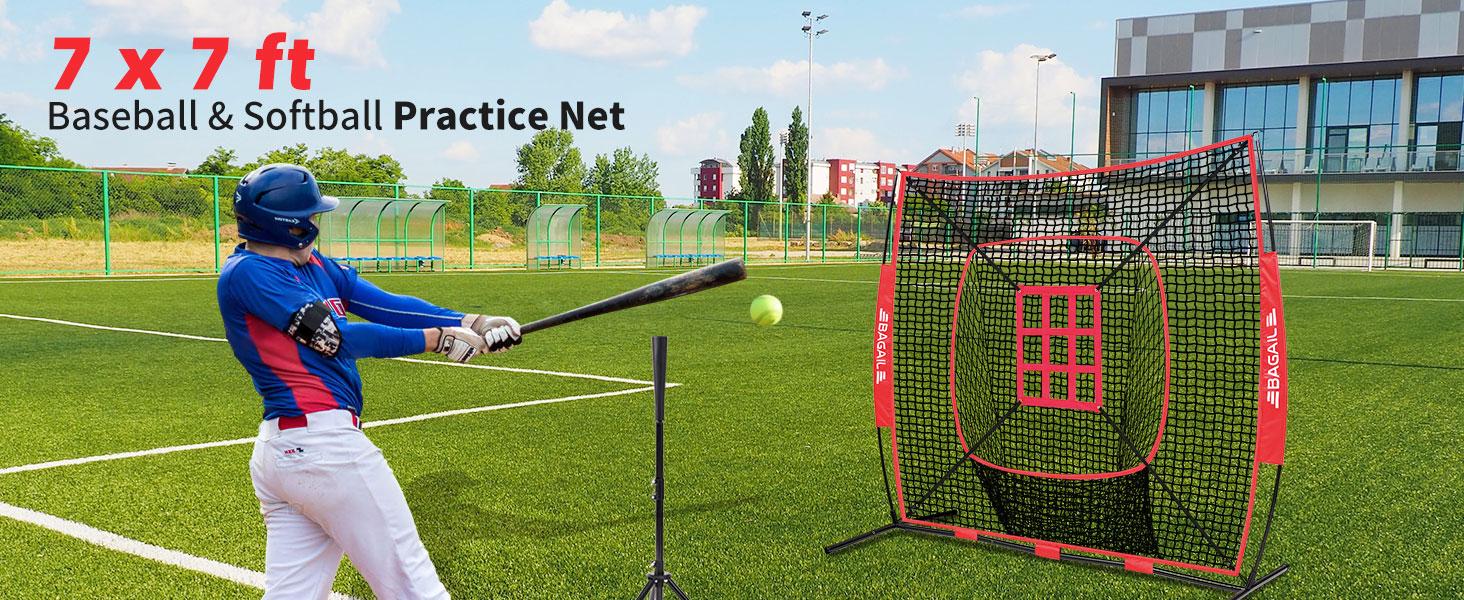 【SpringStatements】BAGAIL 7x7 ft Baseball & Softball Practice Net with Bow Frame for Batting, Hitting, Pitching, Portable Baseball Throwing Net with 2 Strike Zone Batting Tee, Carry Bag, Great for All Levels