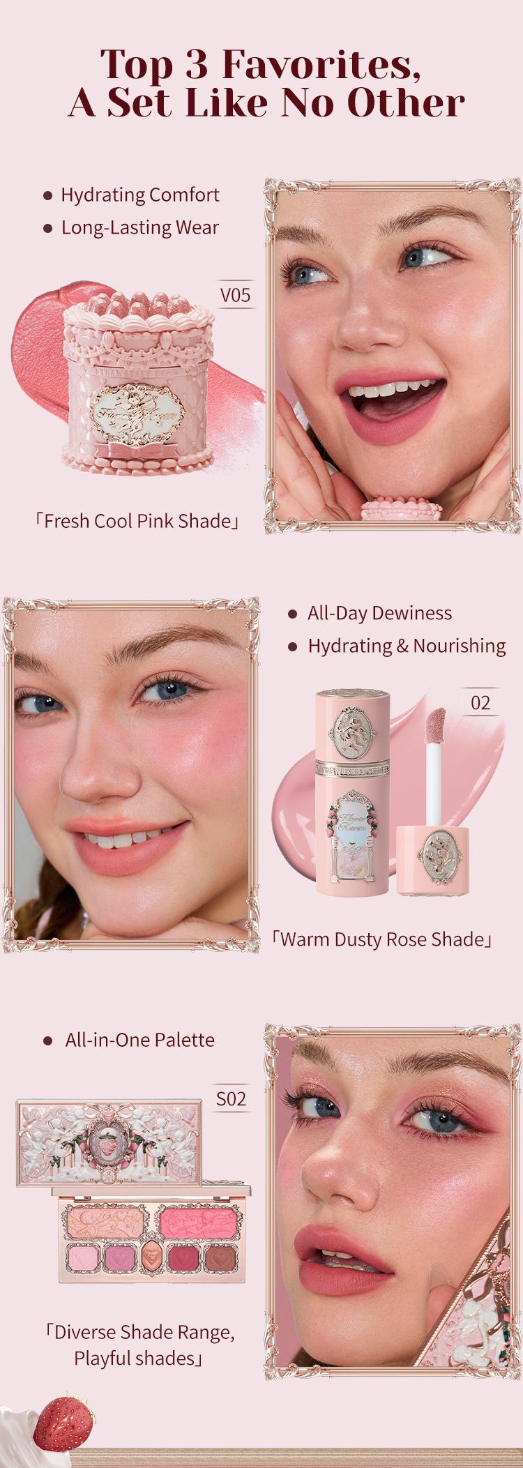 Flower Knows Pink Sweetheart Set - Full Face Makeup Set with Lipstick, Blush, Eyeshadow Palette and Cosmetic Tools, Summer Beauty Gift Box