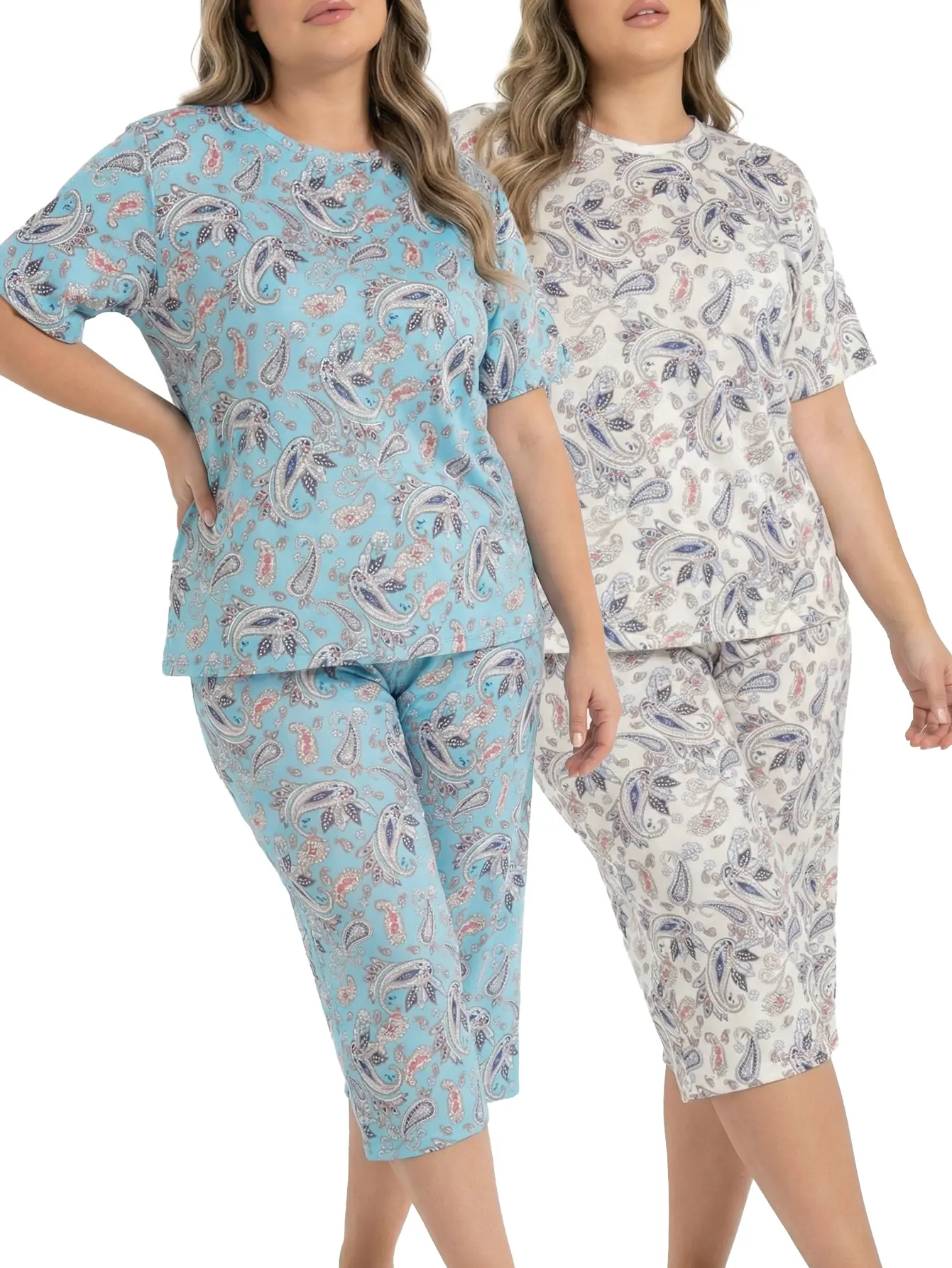Women’s Plus Size Summer Two-Piece Pajama Set, Short Sleeve, Loose Fit, Casual Bohemian Print, Available in Two Colors