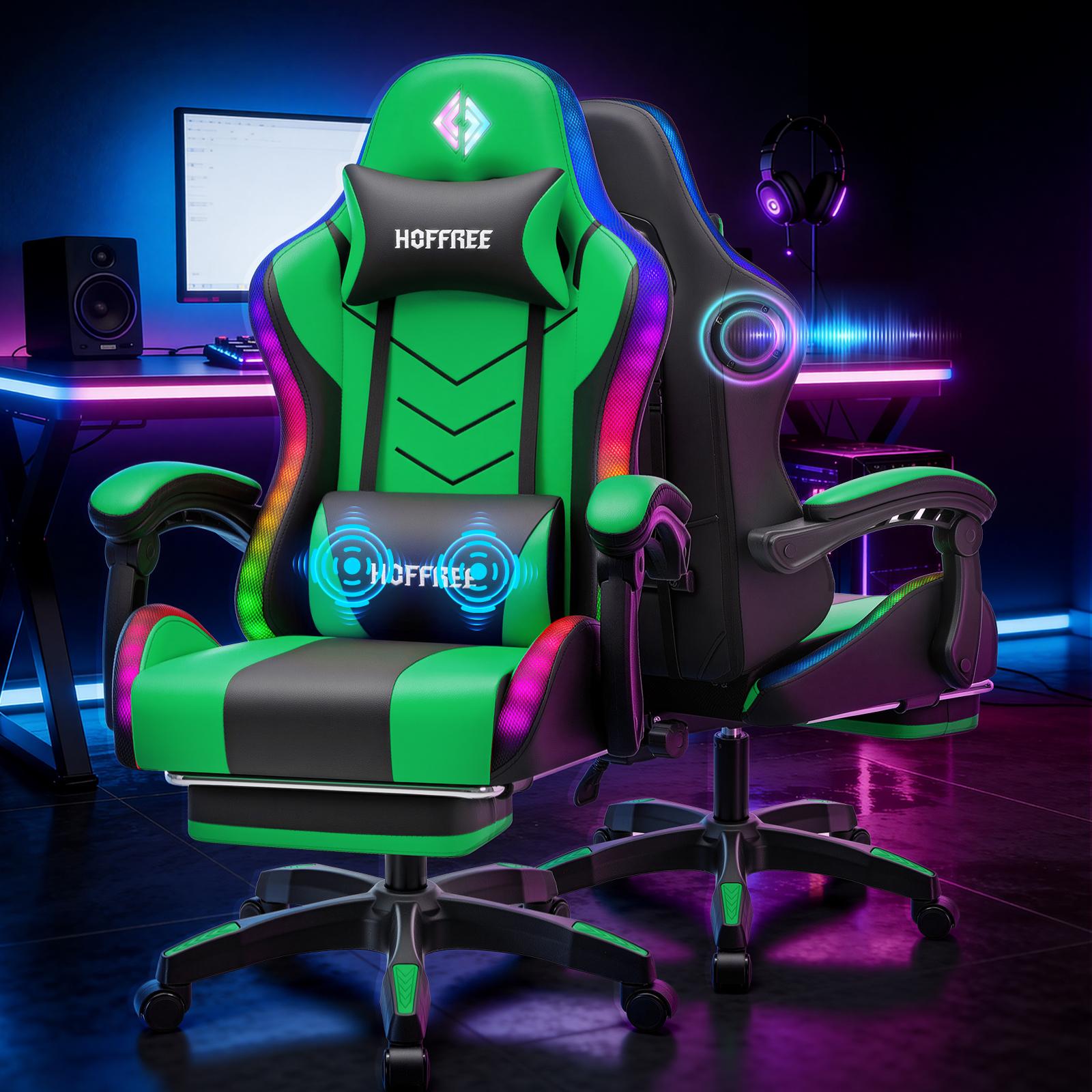 HOFFREE Gaming Chair with Music Rhythm RGB LED Lights and Wireless Speakers Ergonomic Massage Computer Gaming Chair with Footrest Video Game Chair High Back with Lumbar Support