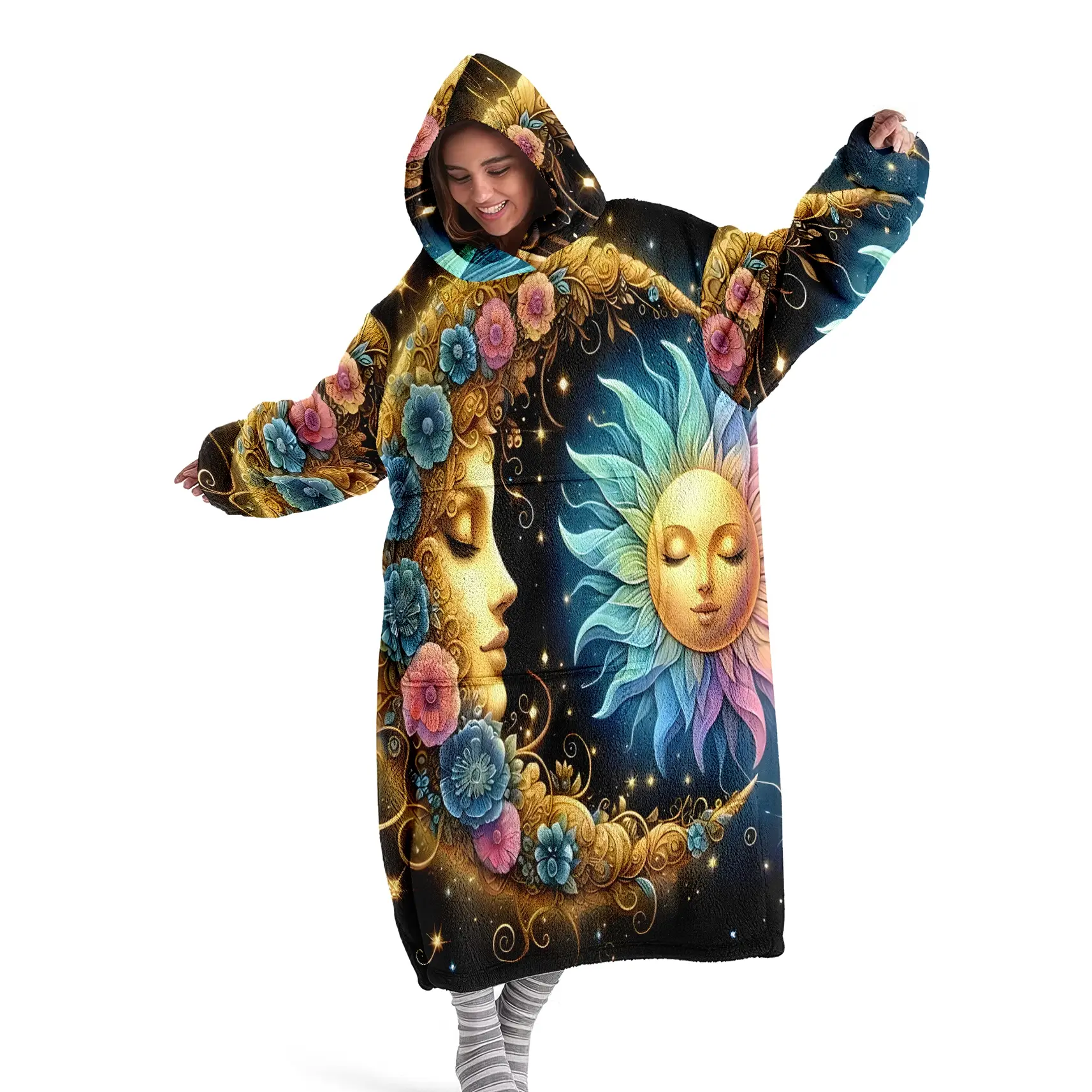 hoodie blanket，Wearable Blanket，Unisex Hooded Blanket with Sun Goddess Moon Goddess Design, Soft Wearable Blanket with Sleeves, Perfect for Sleep and Casual Gifts，Christmas Gift,Valentine's Day gift, Soft Fluffy Blanket, Cozy Hooded Blanket