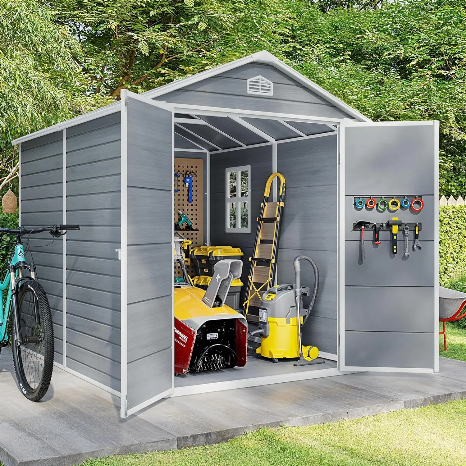 Gizoon 8x6 FT Exterior Outdoor Storage Shed, Heavy Duty Reinforced Steel Frame, All-Weather Resin Panels, Lockable Doors, Included Floor & Window, Natural Light Garden Plant Supplies Decoration Compatible Heavy Duty Greenhouse for Backyard, Plastic