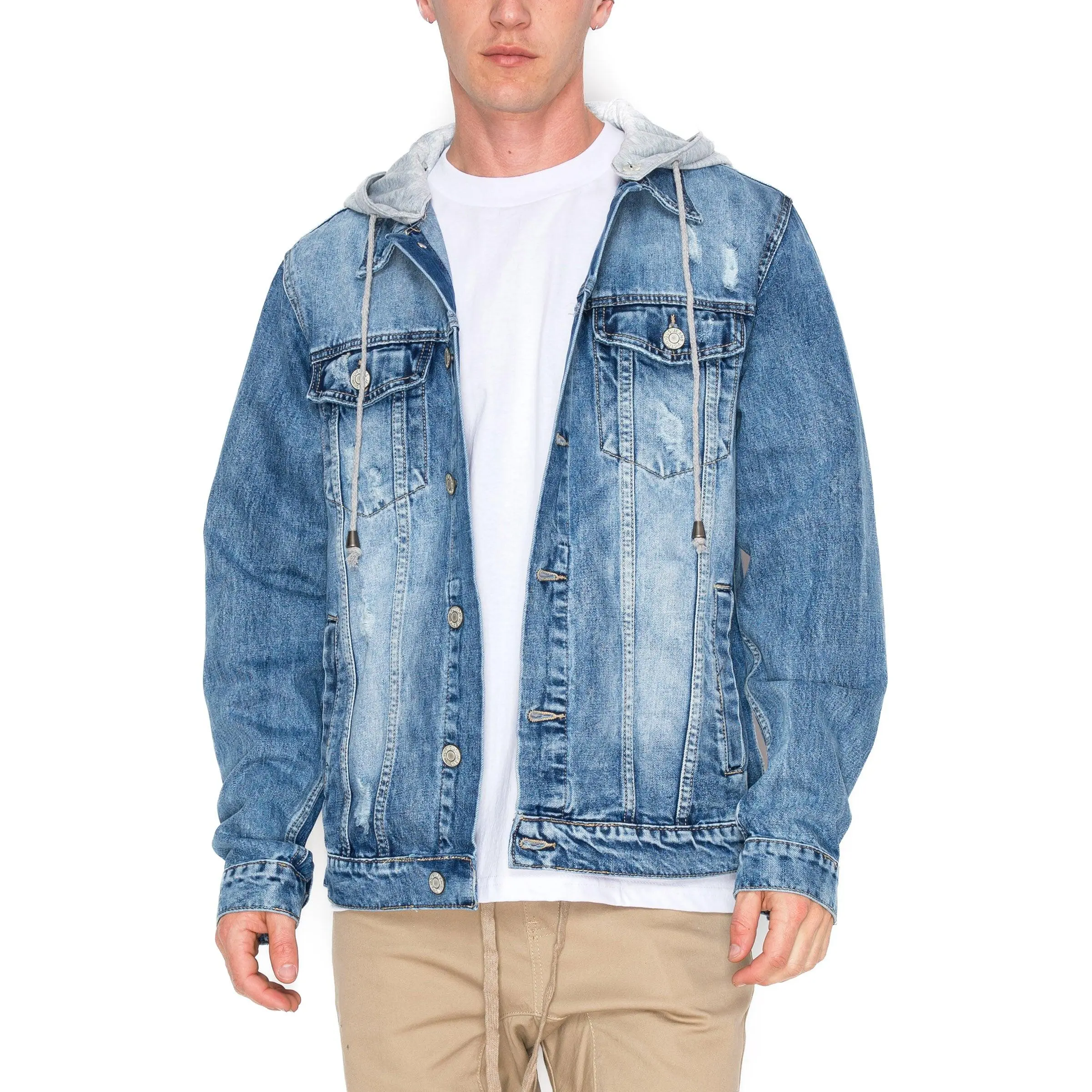 VICTORIOUS Men's Long Sleeve Layered Distressed 100% Cotton Denim Jacket with Detachable Hoodie and Button-Front, Tops, Menswear, Coats, Casual, All Seasons, Cold Wash, Ripped, Western Ootd, Tiered Layer