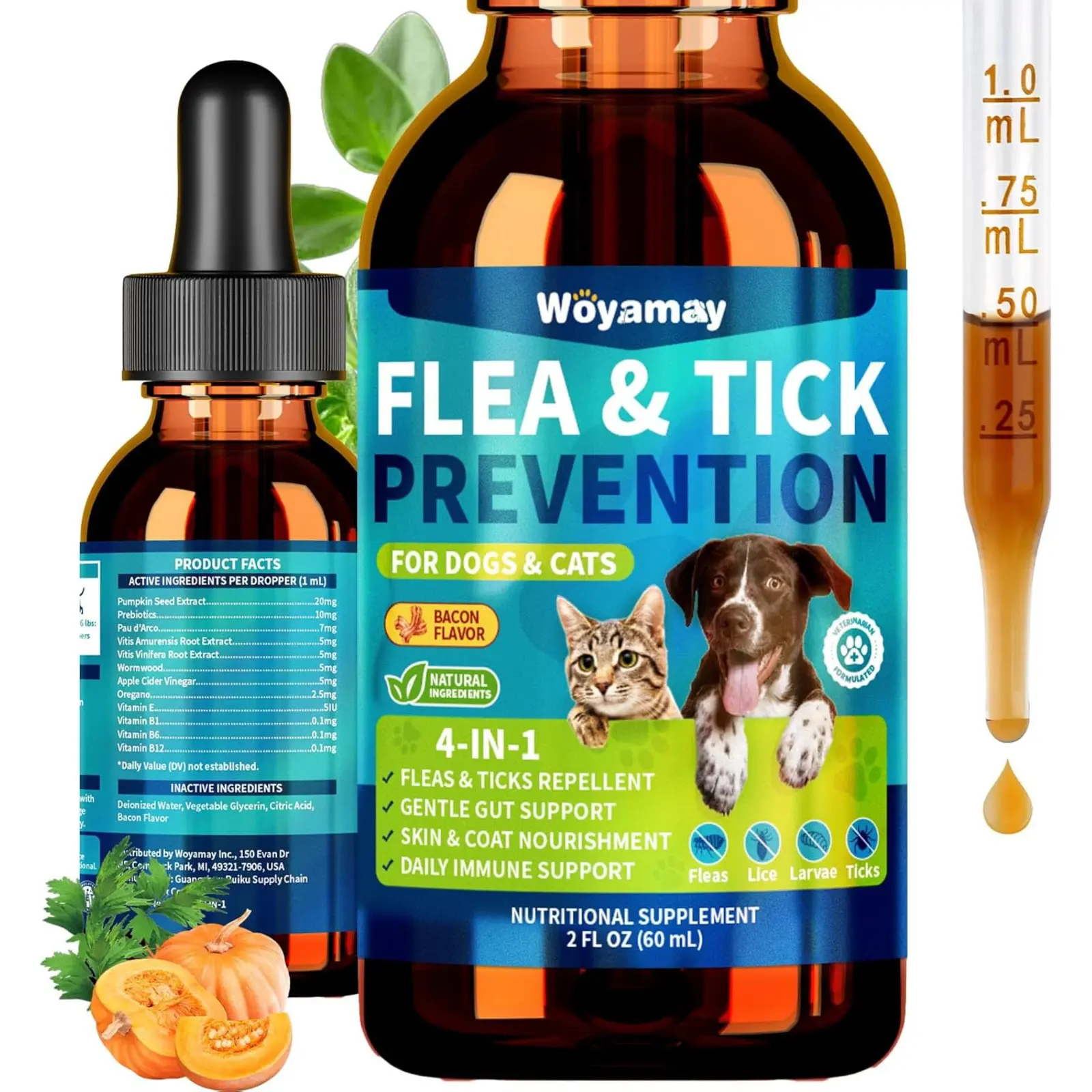 4-IN-1 Flea and Tick Prevention Drops for Dog and Cat, Natural Cat & Dog Flea Drop with Omega-3 Probiotics Vitamin B Support Flea Gut Health Skin & Coat Immune, Bacon Flavor #DealsForYouDays #SummerWins