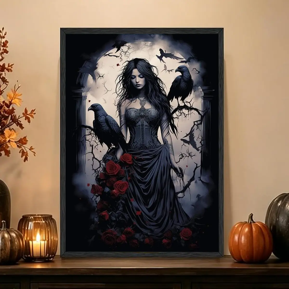 Gothic Woman Crow Red Rose Canvas Wall Art, Dark Fantasy Raven Lady Vintage Arch Illustration, 2D Flat Print Wall Art Poster, Minimalist Home Decor and Bedroom Decor Artwork, Gothic Wall Decoration, Perfect Gift for Dark Aesthetic Room Decor
