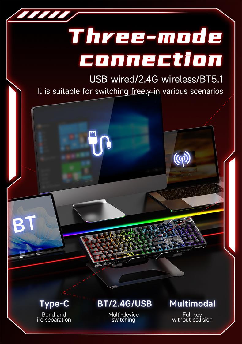 Ajazz AK35I V4 QMK Full-Size Wireless Ergonomic Mechanical Gaming Keyboard with Rotary Knob and Smart Screen Numeric Keypad. The perfect choice for both gaming and office use. Cream-colored keyboard. Christmas gift.