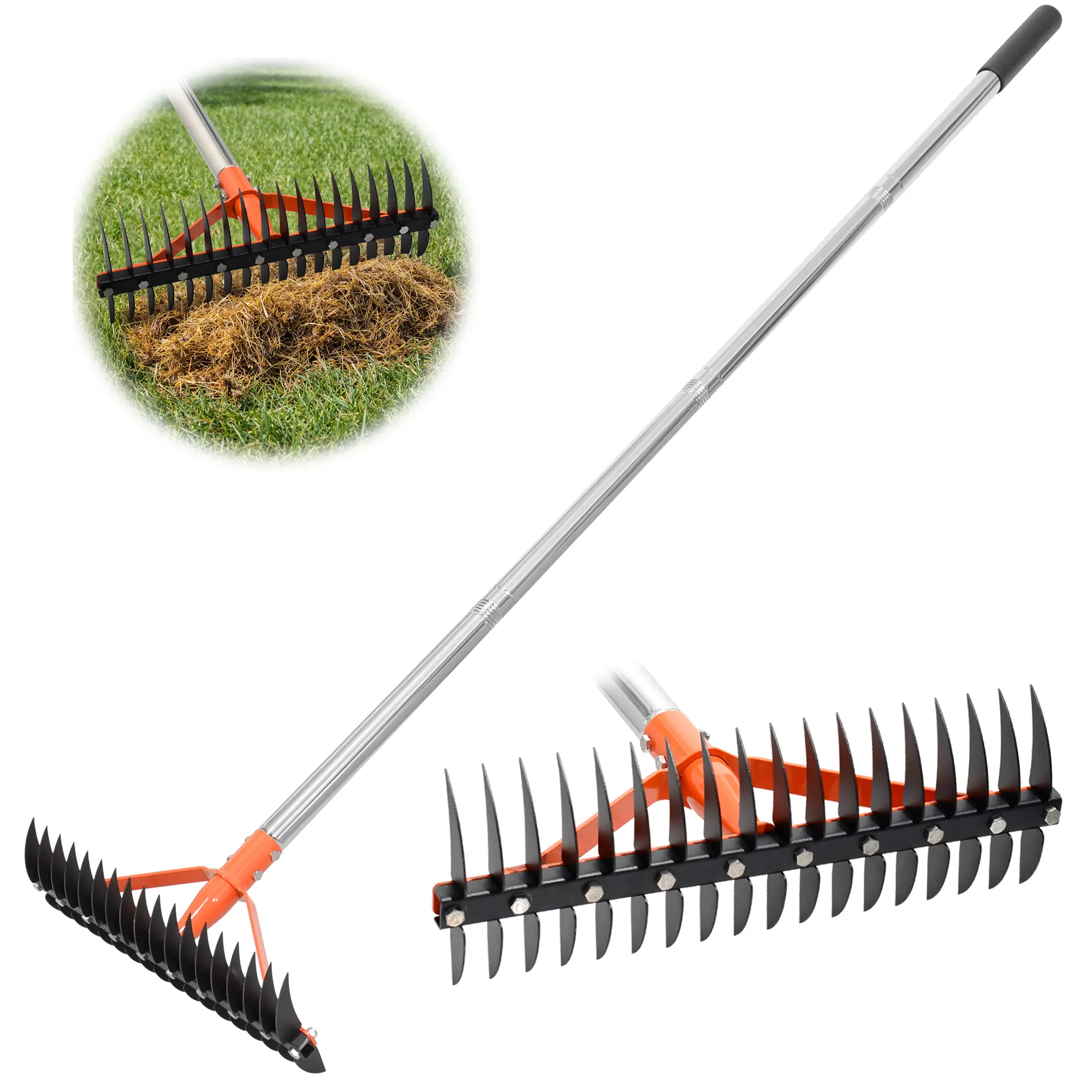 Thatch Rake for Lawns, Heavy Duty Bedding Rake with Adjustable Stainless Steel Handle for Lawn Care, Dead Grass, Garden, Yard