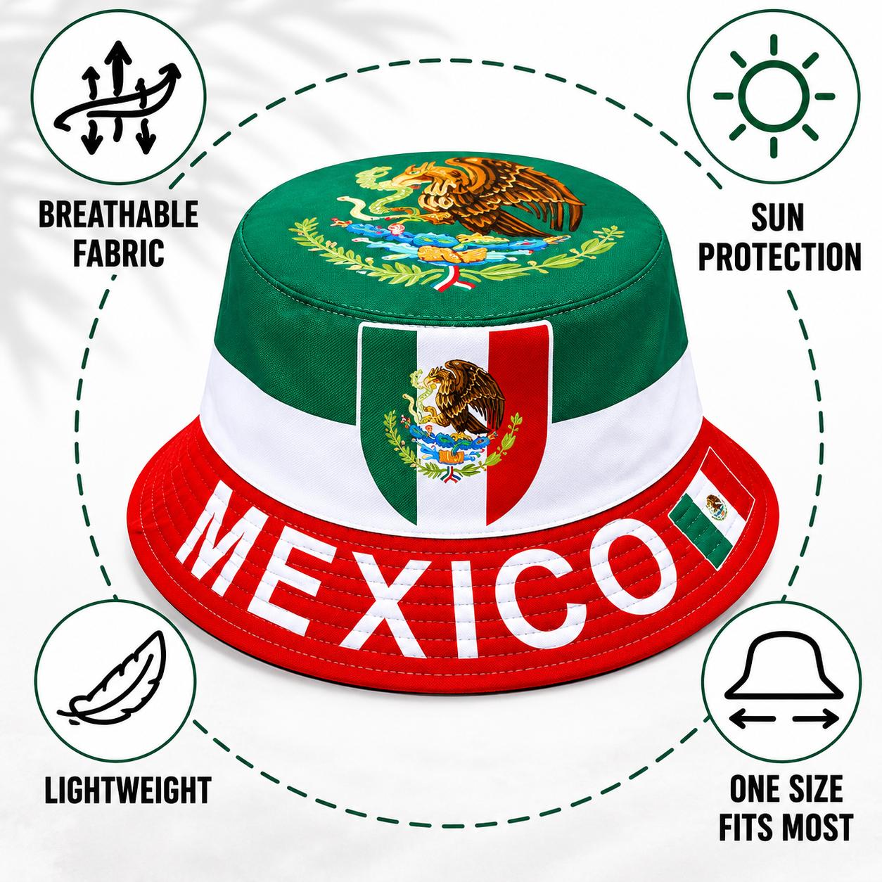 Mexican flag bucket hat, casual sun hat, lightweight and breathable polyester fiber material, outdoor sun protection, Mexican pride, suitable for outdoor work, fishing, camping, quick-dry and hiking, one size fits all, unisex design, summer  season