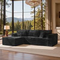 Black Plush Corduroy Left Chaise